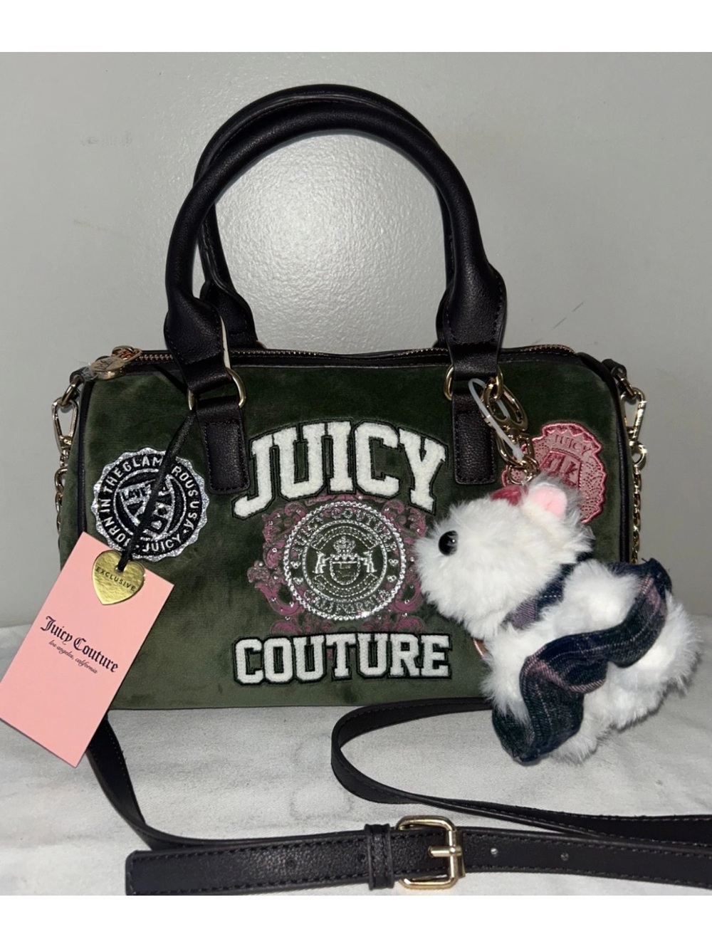 NEW! JUICY COUTURE Velour Juicy Varsity Satchel Bag in Super Greens